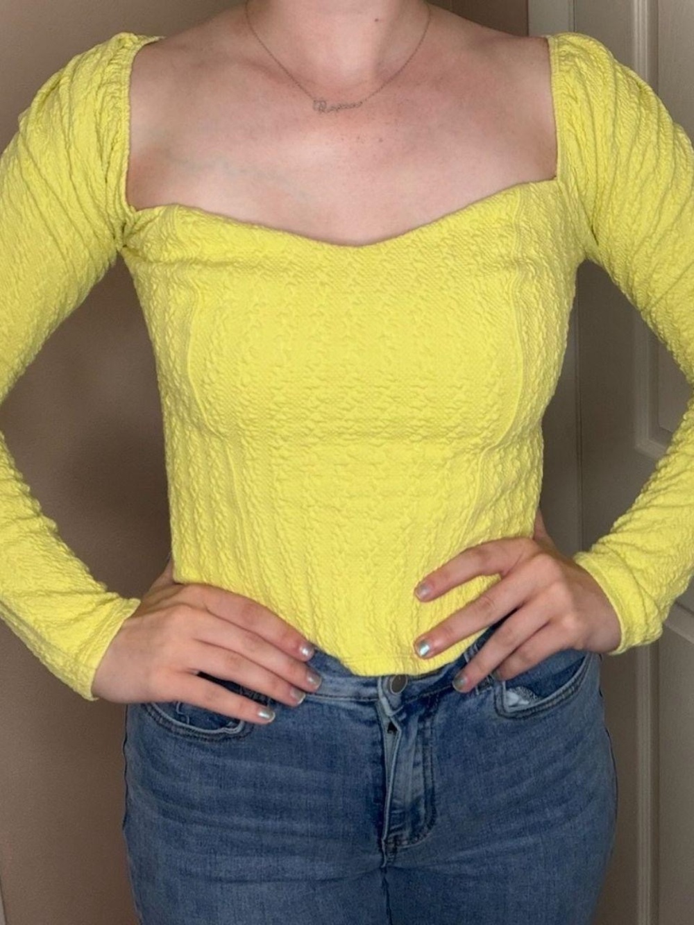 Free People Bright Yellow Textured Square-Neck Crop Top